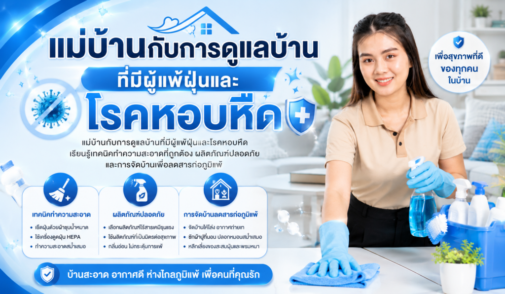 หากในบ้านมีสมาชิกที่แพ้ฝุ่นหรือเป็นโรคหอบหืด การทำความสะอาดบ้านไม่ใช่แค่เรื่องความสะอาด แต่คือเรื่องสุขภาพโดยตรง แม่บ้านที่ดูแลบ้านในสภาพแวดล้อมแบบนี้จำเป็นต้องมีความรู้เฉพาะเพื่อลดสารก่อภูมิแพ้ให้ได้มากที่สุด บทความนี้รวบรวมข้อมูลที่จำเป็นสำหรับทั้งนายจ้างและแม่บ้านเพื่อให้บ้านปลอดภัยสำหรับทุกคน ศัตรูตัวร้ายในบ้านที่ผู้แพ้ฝุ่นต้องระวัง สารก่อภูมิแพ้ภายในบ้านมีหลายชนิด การรู้จักและจัดการถูกวิธีช่วยลดการกระตุ้นอาการได้อย่างมาก ไรฝุ่น (Dust Mites) ไรฝุ่นเป็นสาเหตุหลักของโรคภูมิแพ้ในบ้าน ตัวมีขนาดเล็กมองไม่เห็นด้วยตาเปล่า อาศัยอยู่ในที่นอน หมอน ผ้าห่ม พรม และโซฟาผ้า กินสะเก็ดผิวหนังของมนุษย์เป็นอาหาร เชื้อรา (Mold) เติบโตในพื้นที่ชื้น เช่น ห้องน้ำ ห้องครัว ใต้อ่างล้างจาน และบริเวณที่มีการระบายอากาศไม่ดี สปอร์ของเชื้อราลอยในอากาศและเข้าสู่ระบบทางเดินหายใจ ขนสัตว์เลี้ยง โปรตีนจากน้ำลาย ปัสสาวะ และขนสัตว์ เป็นสารก่อภูมิแพ้ชั้นนำสำหรับผู้แพ้สัตว์เลี้ยง แมลงสาบ มูลและชิ้นส่วนของแมลงสาบก็เป็นสารก่อภูมิแพ้ที่พบบ่อยในบ้านเมืองร้อน เทคนิคทำความสะอาดที่แม่บ้านต้องรู้ หลักการสำคัญ: ลดการฟุ้งกระจาย การทำความสะอาดผิดวิธีอาจทำให้ฝุ่นและสารก่อภูมิแพ้ฟุ้งกระจายมากขึ้น ควรทำตามลำดับจากสูงลงต่ำ และใช้ผ้าชุบน้ำหมาดแทนการปัดแห้ง ห้องนอน — พื้นที่ต้องดูแลเป็นพิเศษ • ซักผ้าปูที่นอน ปลอกหมอน ผ้าห่มทุกสัปดาห์ด้วยน้ำร้อนอุณหภูมิ 55°C ขึ้นไป • ใช้ปลอกกันไรฝุ่นครอบที่นอนและหมอน (Allergen-proof cover) • ดูดฝุ่นที่นอนสัปดาห์ละ 1–2 ครั้ง ใช้เครื่องดูดฝุ่นที่มีฟิลเตอร์ HEPA • หลีกเลี่ยงของสะสมในห้องนอนที่สะสมฝุ่นได้ง่าย เช่น ตุ๊กตา หนังสือเก่า • รักษาความชื้นในห้องให้ต่ำกว่า 50% ใช้เครื่องดูดความชื้นหากจำเป็น พรมและผ้าม่าน • ดูดฝุ่นพรมอย่างน้อยสัปดาห์ละ 2 ครั้ง ใช้เครื่องดูดฝุ่นแบบ HEPA • ซักพรมหรือส่งซักทำความสะอาดทุก 3–6 เดือน • ผ้าม่านควรซักทุก 1–2 เดือน หรือเปลี่ยนเป็นมู่ลี่ที่เช็ดได้ง่ายกว่า ห้องน้ำและห้องครัว • ทำความสะอาดห้องน้ำทุกสัปดาห์ เน้นบริเวณที่เกิดเชื้อราง่าย เช่น รอยยาแนว • ระบายอากาศให้ดีขณะปรุงอาหาร เปิดพัดลมดูดควันทุกครั้ง • เช็ดน้ำที่หยดบนพื้นและท่อทันทีไม่ให้ชื้นสะสม ผลิตภัณฑ์ทำความสะอาดที่ปลอดภัยสำหรับผู้แพ้ ผลิตภัณฑ์ทำความสะอาดบางชนิดมีสารเคมีที่กระตุ้นระบบทางเดินหายใจได้ ควรเลือกใช้ผลิตภัณฑ์ที่เหมาะสม • เลือกน้ำยาทำความสะอาดที่ไม่มีกลิ่นฉุน (Fragrance-free) และไม่มีคลอรีนหรือแอมโมเนียสูง • น้ำส้มสายชูผสมน้ำสัดส่วน 1:1 ใช้ทำความสะอาดทั่วไปได้ปลอดภัย • เบกกิ้งโซดาสำหรับขจัดกลิ่นและทำความสะอาดได้โดยไม่มีสารพิษ • สวมหน้ากากอนามัยขณะทำความสะอาดเพื่อป้องกันสูดฝุ่น สิ่งที่แม่บ้านต้องแจ้งนายจ้างทราบ • หากพบเชื้อราขึ้นในบ้าน ให้แจ้งทันที อย่าปล่อยทิ้งไว้ • ขอน้ำยาทำความสะอาดที่ปลอดภัยสำหรับผู้แพ้โดยเฉพาะ • ขอเครื่องดูดฝุ่นแบบ HEPA เพื่อประสิทธิภาพสูงสุด • แจ้งหากพบสัญญาณแมลงสาบหรือแมลงอื่นที่อาจก่อภูมิแพ้ สรุป: บ้านปลอดภูมิแพ้ ต้องการแม่บ้านที่มีความรู้ การดูแลบ้านที่มีผู้แพ้ฝุ่นและโรคหอบหืดต้องอาศัยความรู้และความใส่ใจเป็นพิเศษ แม่บ้านที่เข้าใจเรื่องสารก่อภูมิแพ้ รู้วิธีทำความสะอาดที่ถูกต้อง และใช้ผลิตภัณฑ์ที่ปลอดภัย จะช่วยให้สมาชิกในบ้านมีสุขภาพที่ดีขึ้นอย่างเห็นได้ชัด การลงทุนกับแม่บ้านที่มีทักษะเฉพาะด้านนี้จึงคุ้มค่าอย่างมากสำหรับครอบครัวที่มีผู้แพ้ฝุ่น 📞 ติดต่อ แม่บ้านดีดีเซอร์วิส • 🌐 เว็บไซต์: www.แม่บ้านดีดีเซอร์วิส.com • 📞 โทรศัพท์: 063-713-1991 • 💬 Line: @jn82 บริการจัดหาแม่บ้านและพี่เลี้ยงคุณภาพ ดูแลบ้านของคุณอย่างมืออาชีพ ติดต่อเราได้ทันที!