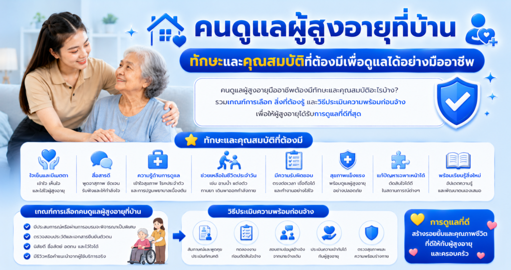 คนดูแลผู้สูงอายุที่บ้าน ทักษะและคุณสมบัติที่ต้องมีเพื่อดูแลได้อย่างมืออาชีพ
